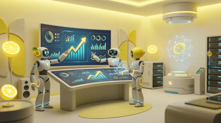 A team of friendly 3D AI robots collaborating in a bright, modern tech room with energetic lemon-yellow accents, illustrating AI for client success.