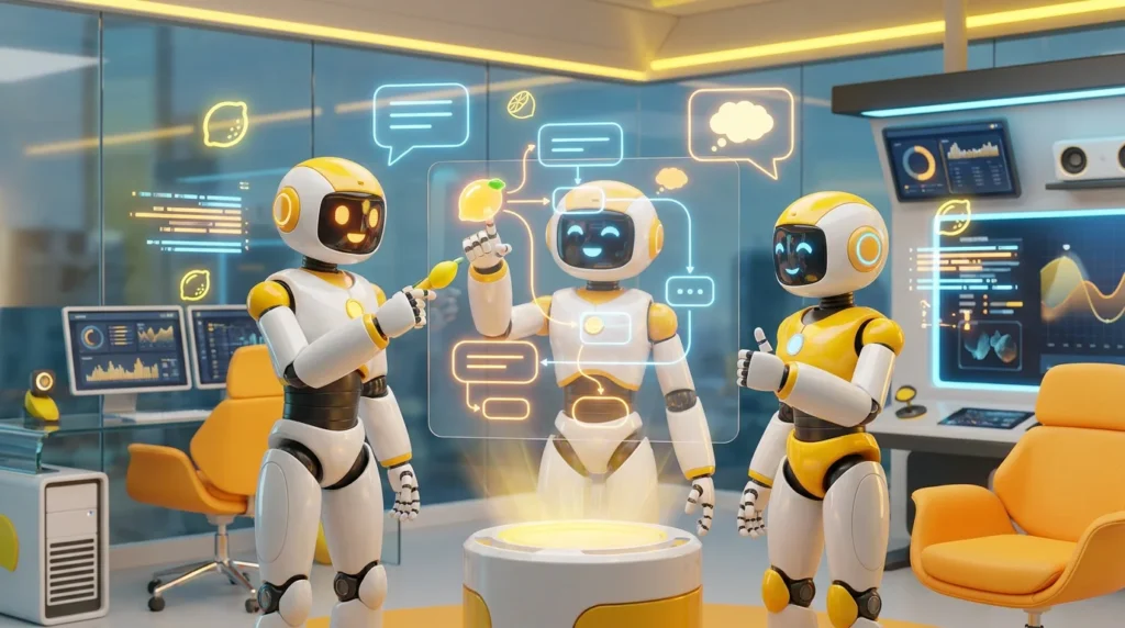 A vibrant 3D render of friendly AI robots collaborating in a modern tech room with energetic lemon-yellow accents, visually representing the process of chain-of-thought reasoning.