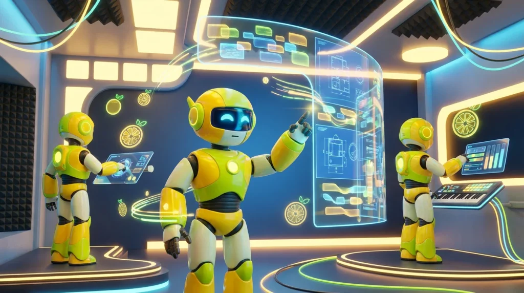 Friendly 3D AI robots working collaboratively in a bright, tech-forward audiovisual room with vibrant lemon-yellow accents, illustrating the inner workings of an AI system prompt.