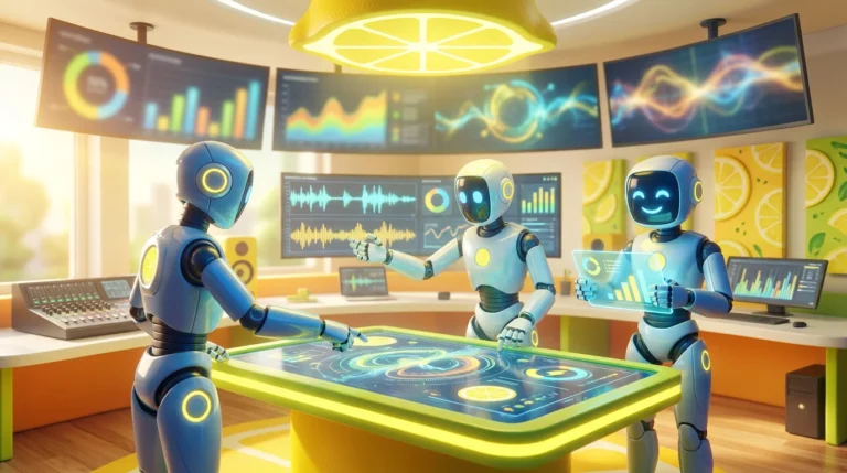A vibrant 3D rendering of three friendly AI robots collaborating in a modern, tech-forward audiovisual room with bright citrus-yellow accents, visualizing the unpredictable concept of AI hallucinations.