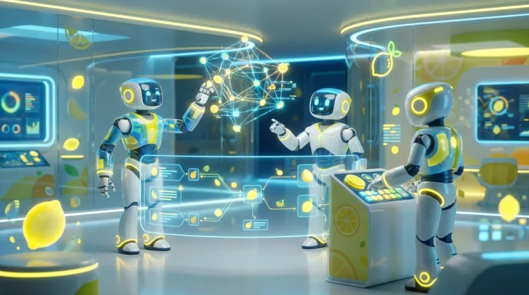 A vibrant 3D illustration of a team of friendly AI robots collaborating in a modern tech room with bright lemon accents, visually representing how the model context protocol connects AI systems.