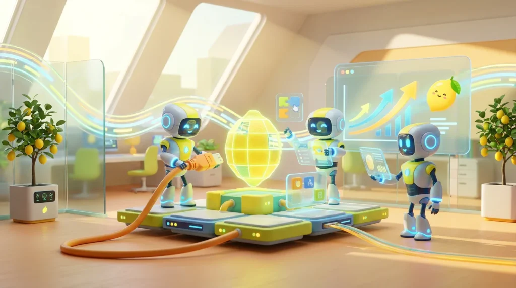 A vibrant 3D illustration of three friendly AI robots collaborating rapidly in a lemon-accented modern workspace, illustrating the speed of no-code AI over traditional development.