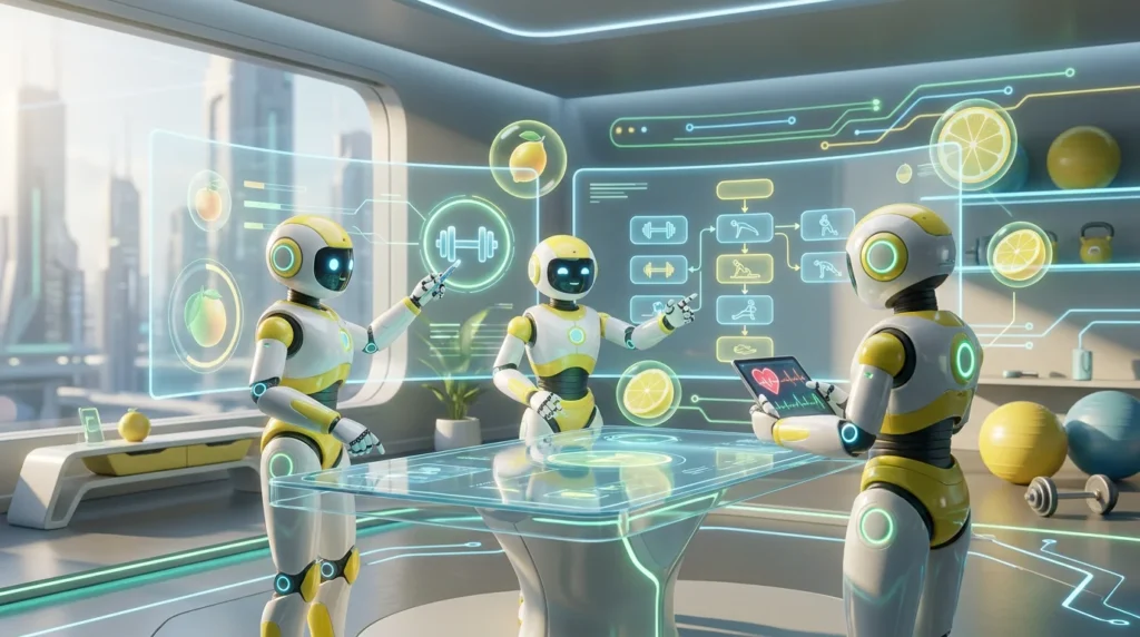Three friendly AI robots collaborate in a modern fitness tech studio, creating AI workout assistants with glowing workout visuals, smart equipment, and vibrant lemon-yellow accents.