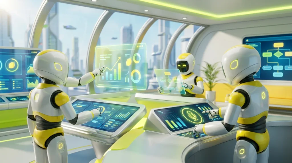 A vibrant 3D illustration of friendly robots acting as small business AI assistants, collaborating in a modern, lemon-accented workspace.