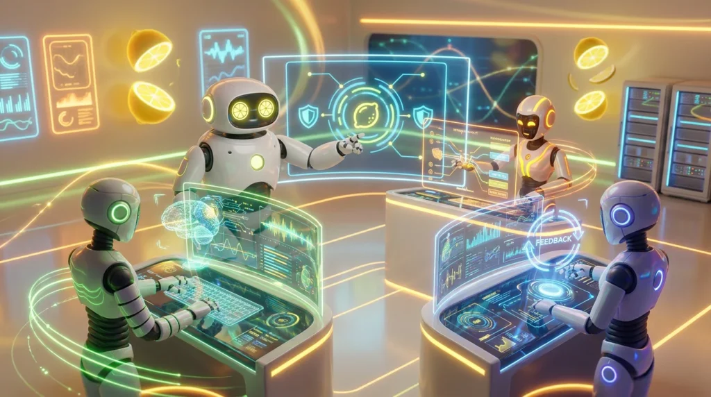 A team of friendly 3D AI robots collaborating in a vibrant, tech-forward room with lemon-yellow accents, representing strategies to reduce AI hallucination rates.