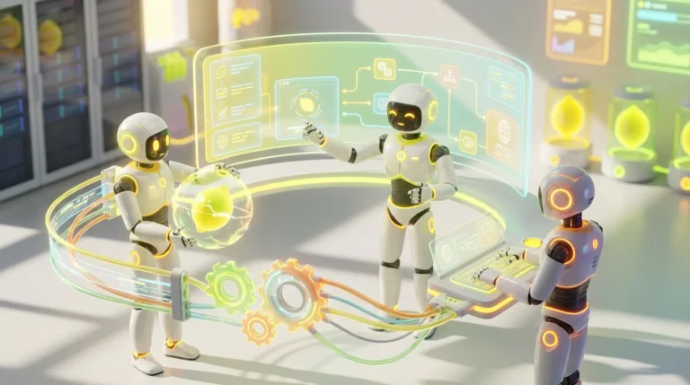 A vibrant 3D illustration of friendly AI robots collaborating in a modern tech-forward audiovisual room, representing how an AI workflow builder can automate your business. The scene features a team of stylised AI robots engaged in analytical work with bright citrus and lemon-inspired yellow accents, cinematic lighting, and a clean, uncluttered composition that captures innovation and approachability.