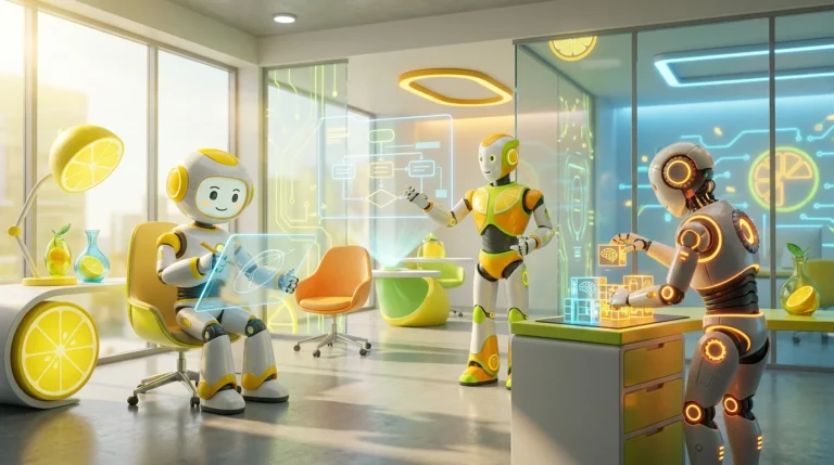 A group of friendly, stylized 3D AI robots collaborating in a bright, modern tech workspace with vibrant lemon accents, brainstorming simple AI assistant ideas.