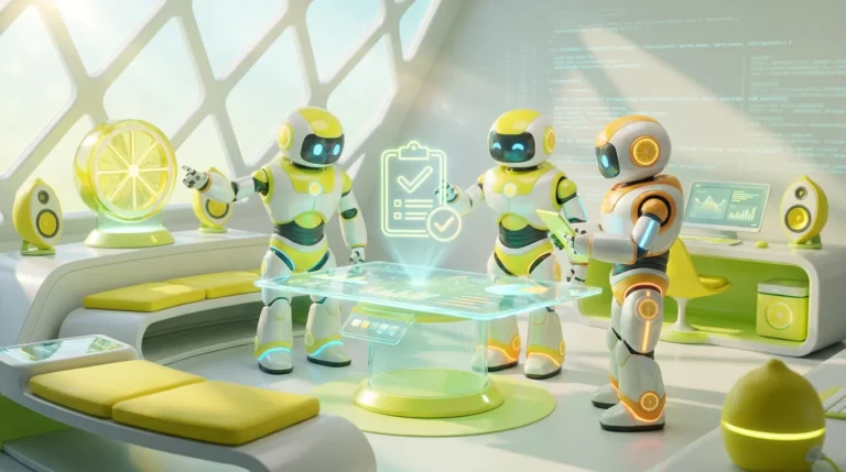 Three friendly AI robots collaborate on an AI compliance checklist for financial firms in a modern tech-forward audiovisual room, surrounded by glowing dashboards, secure data visuals, and vibrant lemon-yellow accents.