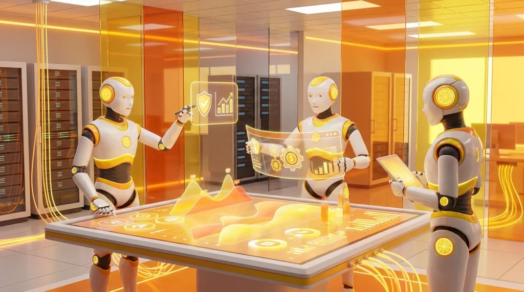 Three friendly AI robots collaborate in a modern fintech control room, comparing secure AI model modules and reviewing abstract compliance, risk, and data visuals for AI models for regulated finance tasks, with vibrant lemon-yellow and blue accents.