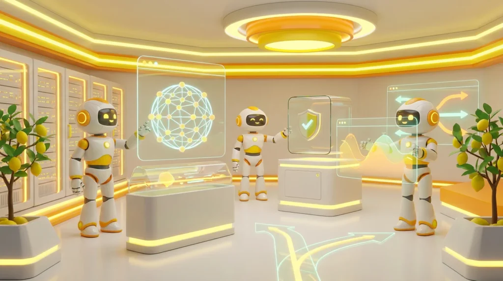 A 3D illustration of friendly AI robots collaborating in a bright, modern tech room with vibrant lemon accents, representing the choice between open source vs closed AI models.