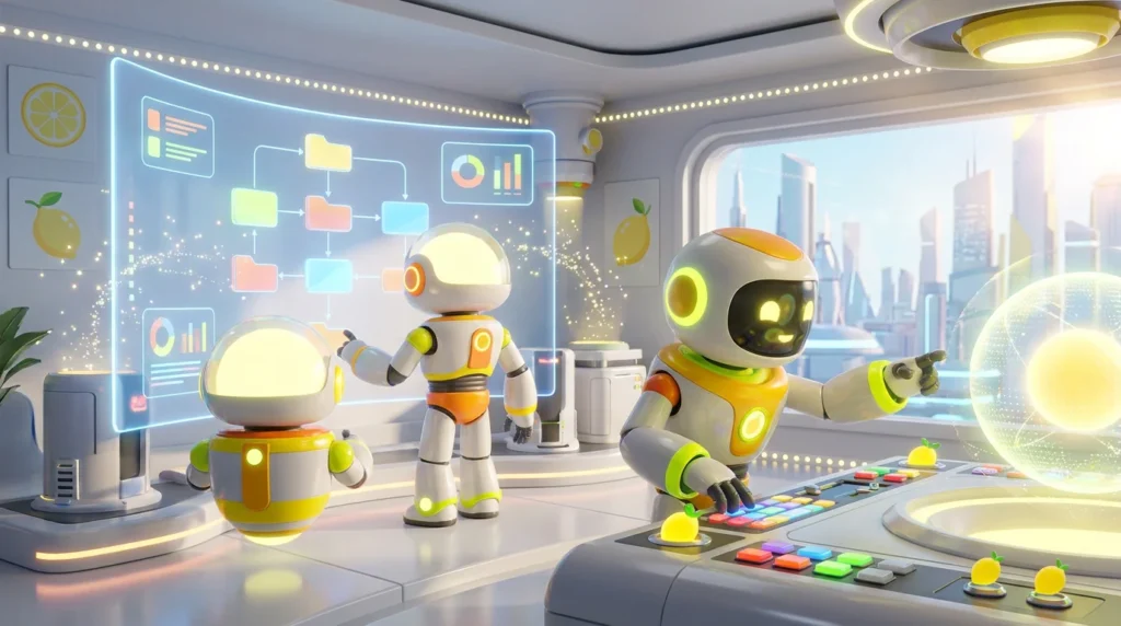 Commercial AI agent builder selection scene featuring three friendly 3D robots collaborating around interactive screens in a vibrant, lemon-accented tech workspace.