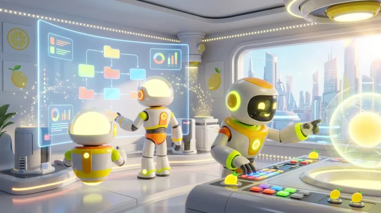Commercial AI agent builder selection scene featuring three friendly 3D robots collaborating around interactive screens in a vibrant, lemon-accented tech workspace.