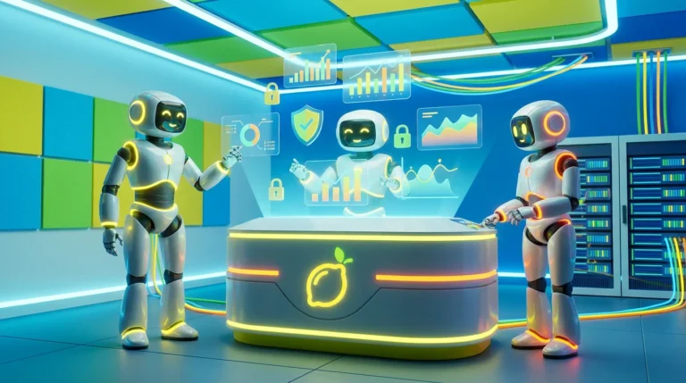 GDPR-safe AI for finance firms: three friendly robots collaborate in a modern financial analytics room with secure data visuals, citrus-yellow accents, and lemon-inspired 3D details.