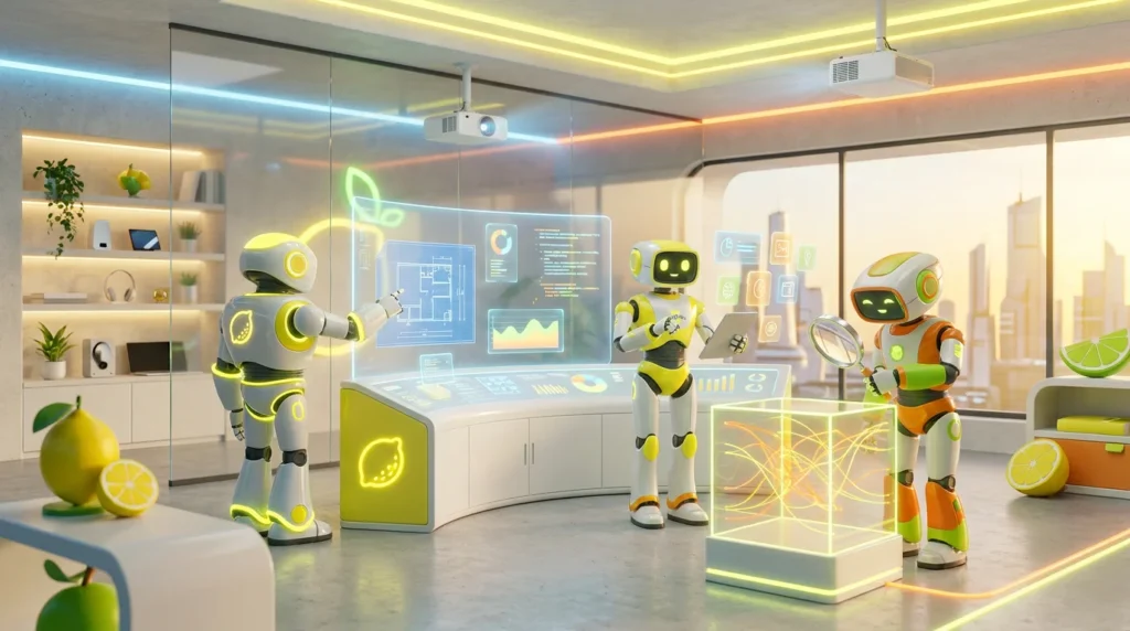 Three friendly AI robots collaborating in a modern tech room on no-code AI projects for beginners, surrounded by vibrant lemon-inspired accents, screens displaying colorful workflows, and citrus-themed elements in a bright, energetic audiovisual workspace with clean composition and cinematic lighting.