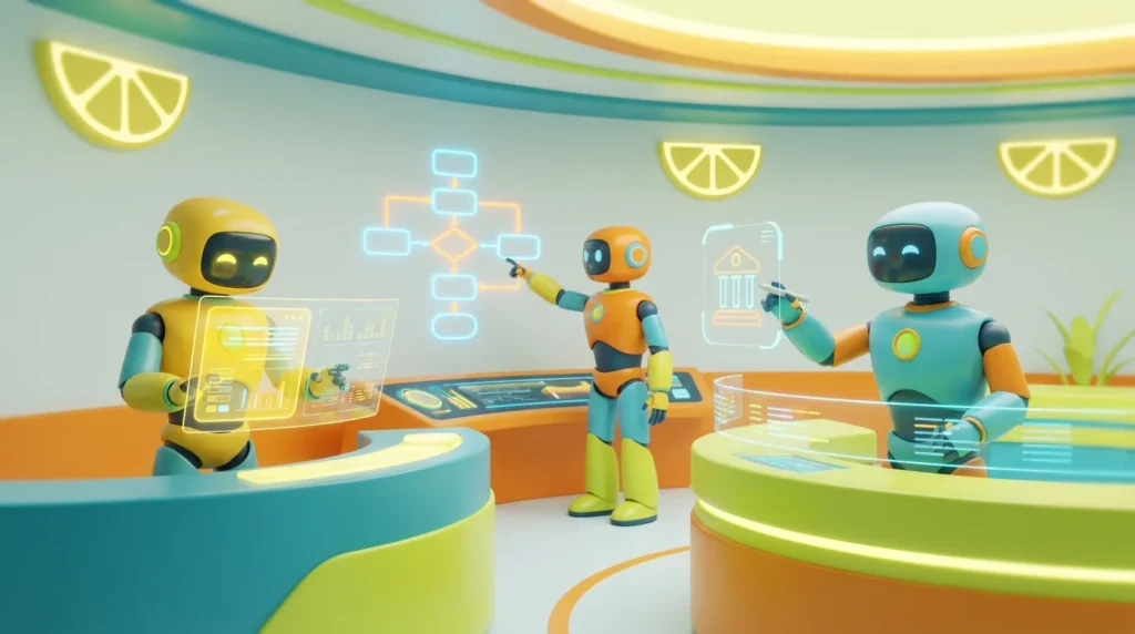 Human-in-the-loop AI visualised as three friendly robots collaborating in a modern audiovisual control room, reviewing data and compliance workflows with vibrant lemon-yellow accents.