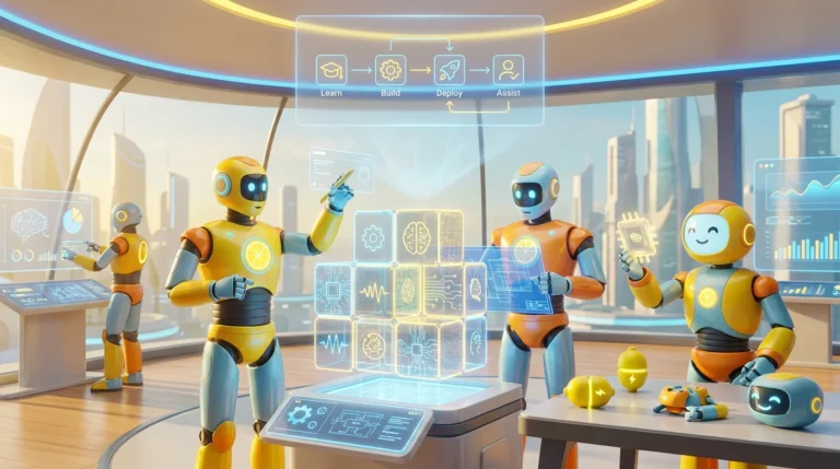 A vibrant 3D render of friendly AI robots collaborating in a modern, tech-forward room with lemon-yellow accents, representing how to Build AI Assistant Tools.