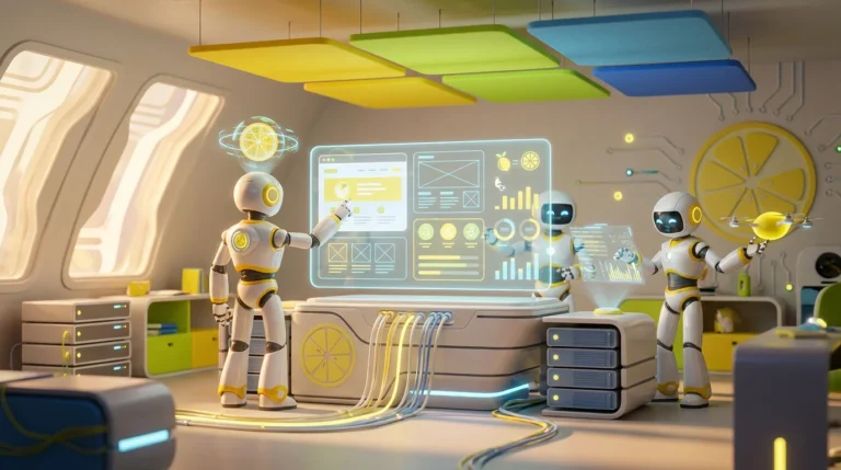 Friendly AI robots collaborate in a bright, lemon-accented 3D tech workspace, illustrating how to embed an AI assistant on your website.