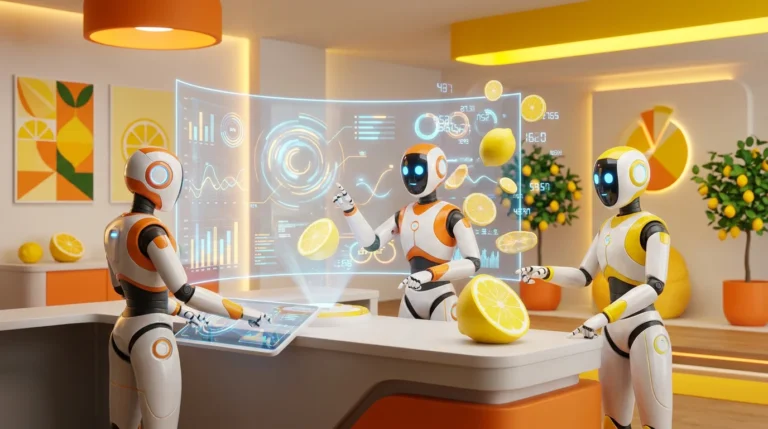Three friendly, stylized 3D AI robots collaboratively analyzing data in a vibrant, lemon-accented modern tech room, illustrating whether you can trust AI with numbers.