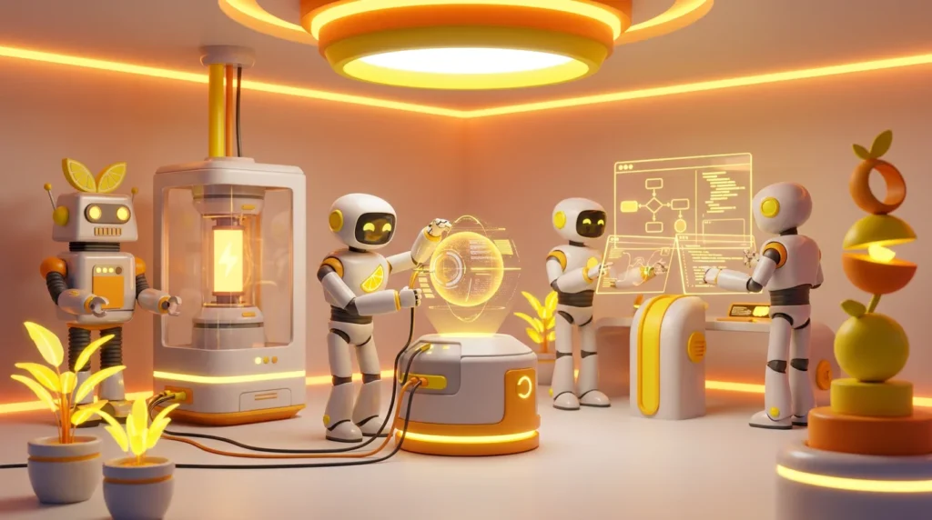 3D render of friendly AI robots collaborating in a vibrant, tech-forward room with bright lemon-yellow accents, demonstrating how to launch an AI product fast.