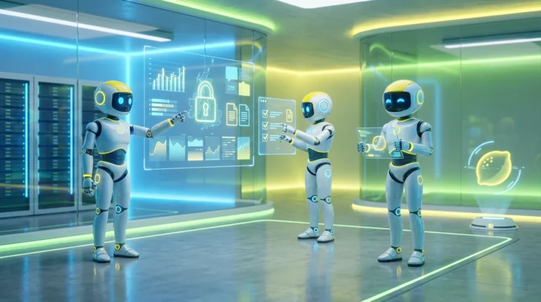 UK GDPR AI compliance for finance firms illustrated by three friendly AI robots reviewing secure data workflows and privacy controls in a modern financial technology workspace with vibrant lemon-yellow accents.
