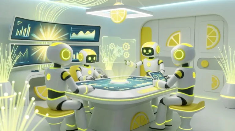 A team of friendly AI robots collaborating in a modern tech studio, illustrating how to use AI assistants to sell freelance services.