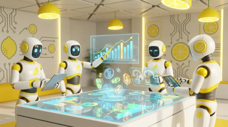 Three friendly AI robots collaboratively reviewing financial charts and market data in a vibrant, lemon-accented high-tech analytics room illustrating the best AI models for financial analysis.
