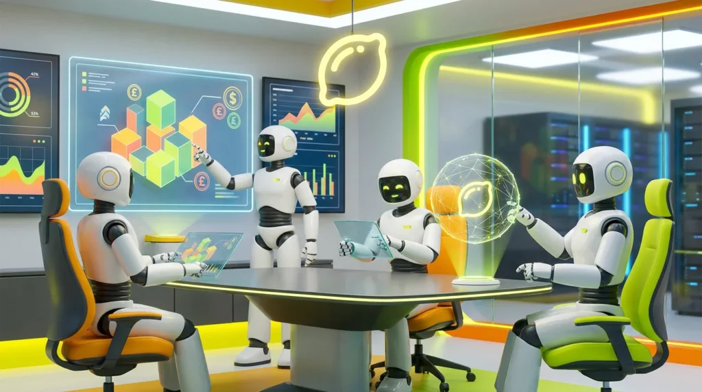 Friendly AI robots collaborate in a modern financial technology room with glowing dashboards, citrus-yellow accents, and lemon-inspired details, illustrating FCA guidance on AI for UK financial firms.