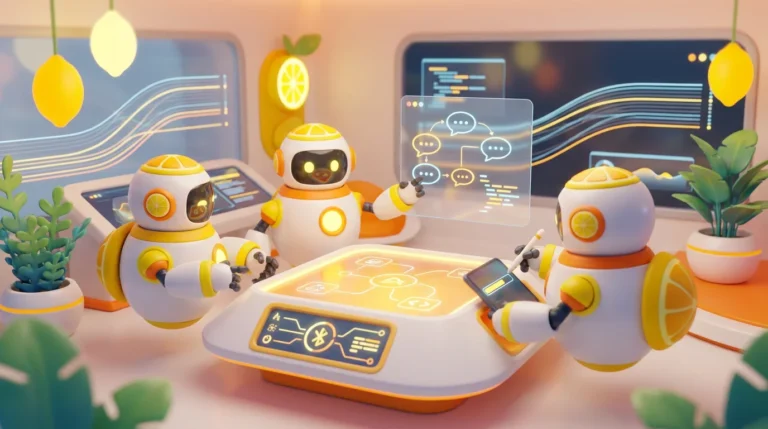 A team of friendly 3D AI robots collaborating in a vibrant, tech-forward room with bright citrus accents, illustrating the process of prompt engineering.