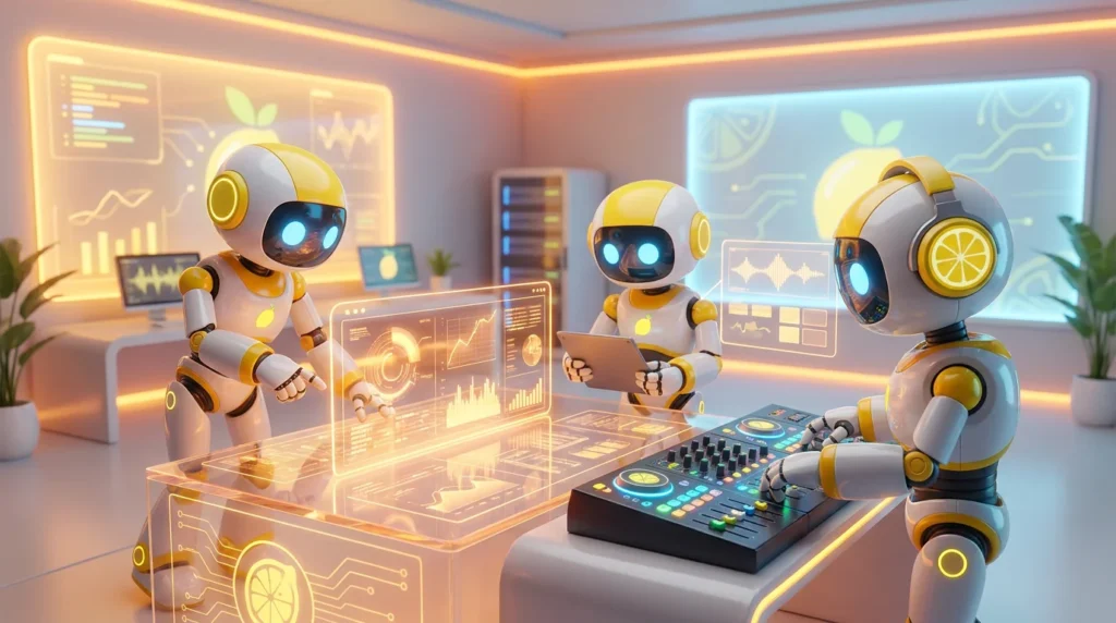 A vibrant 3D illustration answering what is an AI agent, featuring friendly robots collaborating in a modern tech environment with zesty lemon accents.