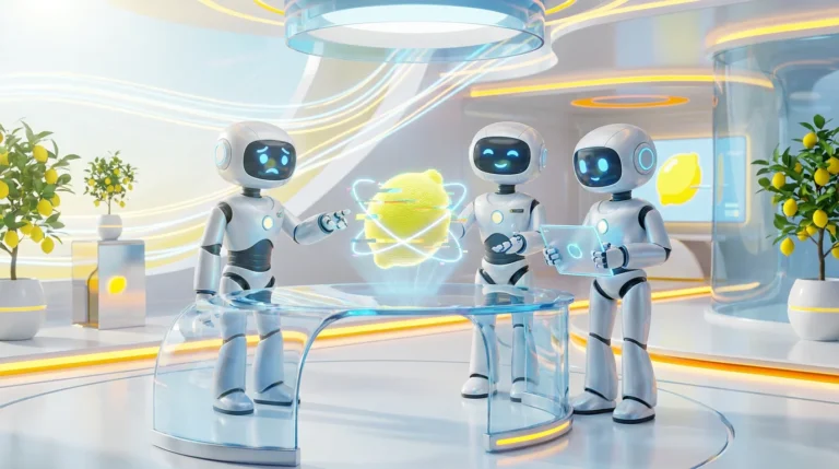 Three friendly AI robots collaborate in a bright, lemon-accented tech studio, illustrating common mistakes made by first-time AI users.