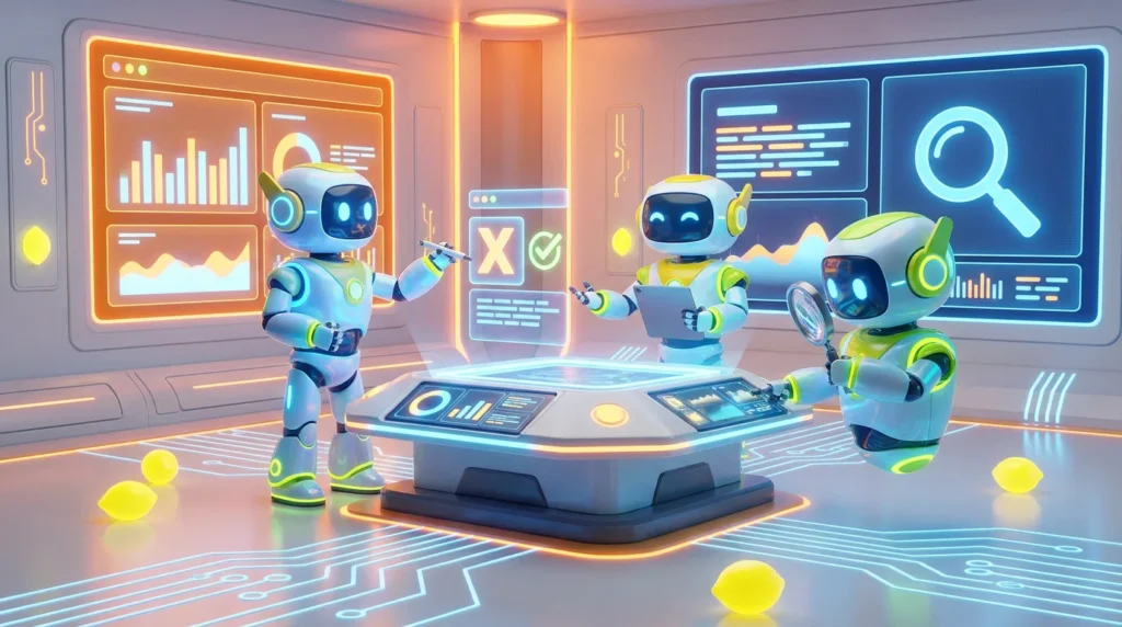 A team of friendly, stylized 3D AI robots collaborating in a vibrant, tech-forward audiovisual room with citrus accents to fact-check AI output.