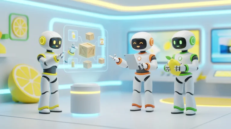 Three friendly AI robots organise product boxes and analyse stock levels in a vibrant, modern retail operations hub, illustrating AI inventory software for small retailers.
