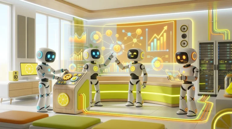 AI adoption for wealth management firms visualized by three friendly robots collaborating securely around financial analytics in a modern, lemon-accented tech workspace.