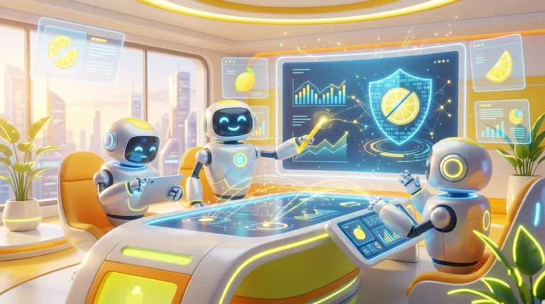 Three friendly AI robots collaboratively review secure client-reporting dashboards in a vibrant, lemon-accented tech studio, illustrating safe AI client reporting for advisers.