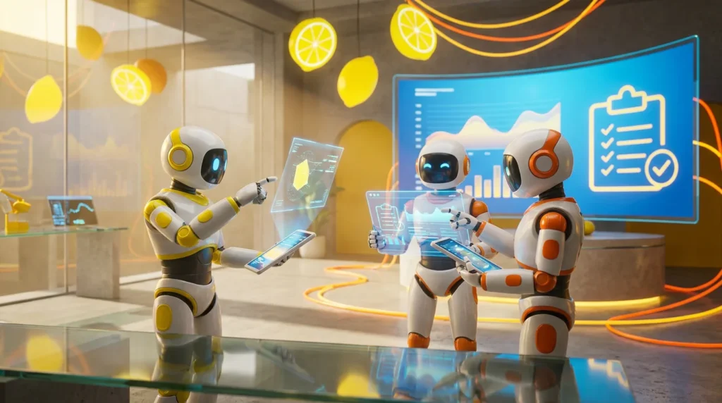 Three friendly AI robots collaborate on a secure financial risk dashboard in a modern tech workspace, with citrus-yellow accents and lemon-inspired details representing an AI risk management checklist for small finance firms.