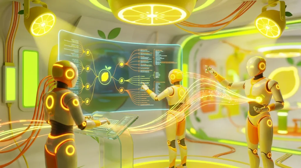 Three friendly AI robots collaborate in a futuristic security operations room, analyzing glowing log data on transparent screens with lemon-yellow accents, representing agentic AI security platforms log analysis vendors.