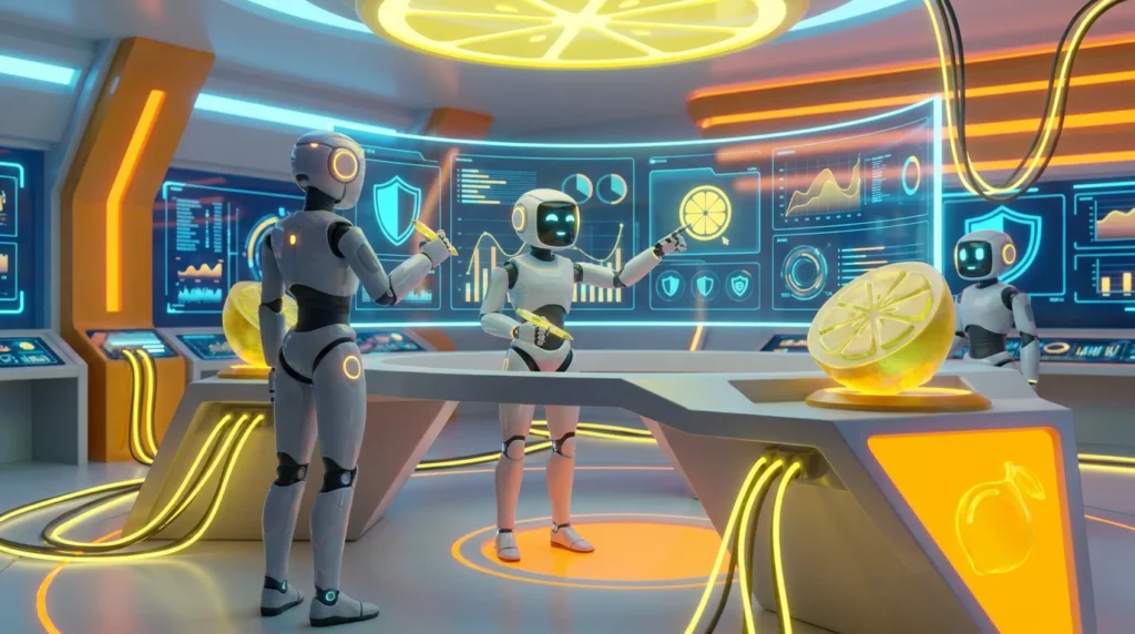 Three friendly AI robots collaborate in a futuristic cybersecurity command room, reviewing secure data displays and digital shields with glowing lemon-yellow accents, illustrating the best enterprise security platforms with agentic AI defense features.