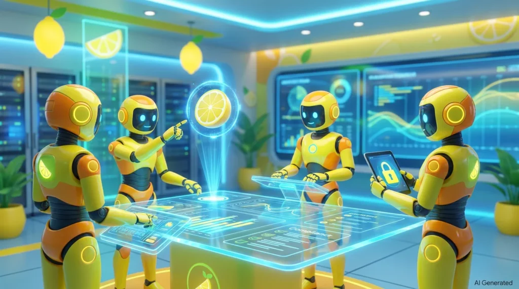 Friendly AI robots review a secure audit trail in a bright, lemon-accented tech room, illustrating AI audit trails compliance for Microsoft Copilot.