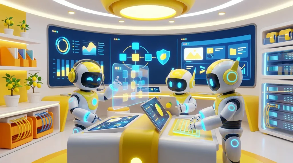 Three friendly AI robots collaborate in a vibrant, lemon-accented tech studio, representing proven AI copilots that automate compliance and content governance tasks.