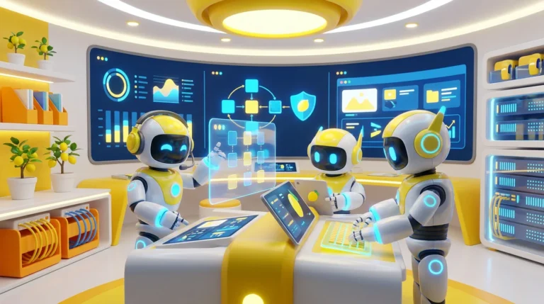 Three friendly AI robots collaborate in a vibrant, lemon-accented tech studio, representing proven AI copilots that automate compliance and content governance tasks.