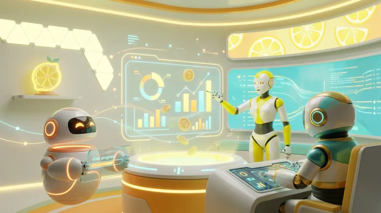 AI monthly goals for freelancers visualised by three friendly 3D robots collaborating around a glowing financial dashboard in a vibrant, lemon-accented tech studio.
