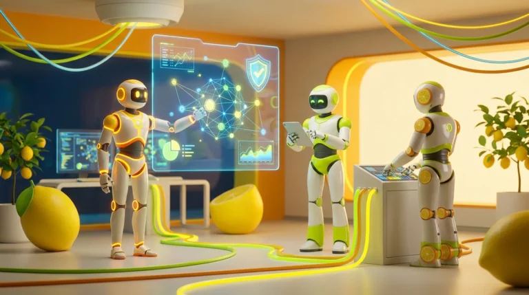 How AI helps policy directors stakeholder engagement, illustrated by three friendly AI robots collaborating around interactive data displays in a bright, lemon-accented modern audiovisual workspace.