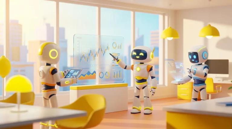 Three friendly AI robots collaborate in a vibrant, lemon-accented finance workspace, analysing dashboards and streamlining accounting tasks to show accountants automating work with AI.