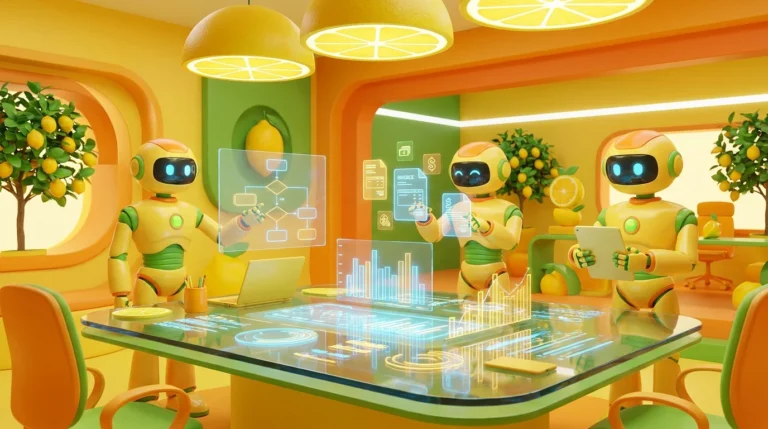 Three friendly AI robots collaborate in a vibrant modern finance operations room, analysing invoices and payment workflows with citrus-yellow accents, illustrating agentic AI for accounts payable.