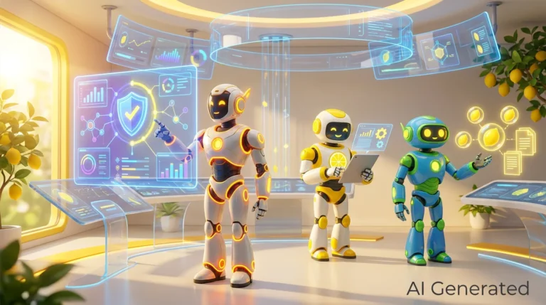 How businesses prepare for AI regulation: three friendly AI robots collaboratively reviewing compliance plans and data safeguards in a bright, modern tech workspace with vibrant lemon-yellow accents.