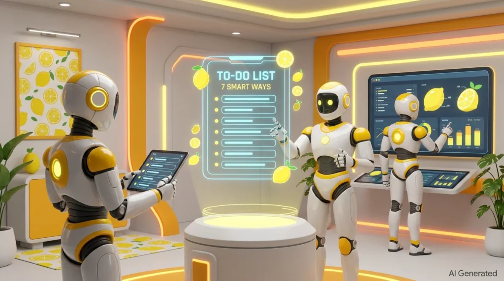 How can I use AI to manage my to-do lists, shown as three friendly AI robots collaboratively organizing colourful task cards in a bright, lemon-accented modern workspace.
