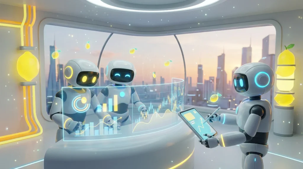 Three friendly AI robots collaborate in a modern accounting workspace, reviewing financial dashboards and documents beside glowing lemon-yellow accents, illustrating how ChatGPT for accountants can save time safely.