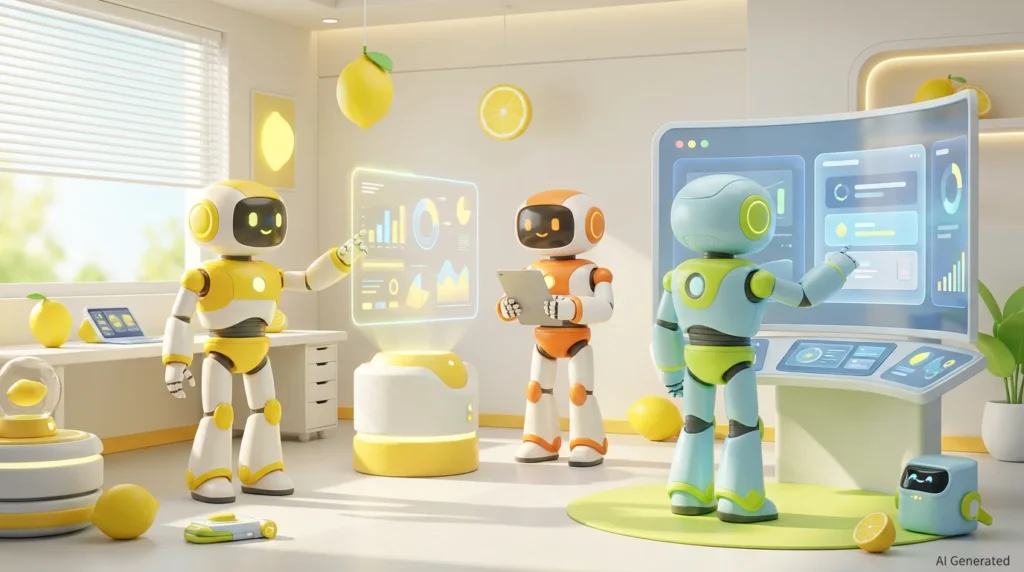 How do I market and sell my AI products: friendly AI robots collaborating in a bright, modern audiovisual workspace with vibrant lemon-inspired accents and 3D creative tools.