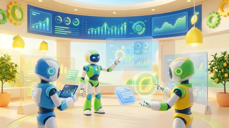 Friendly AI robots collaborate around financial dashboards in a modern tech workspace, illustrating Consumer Duty AI financial advice.