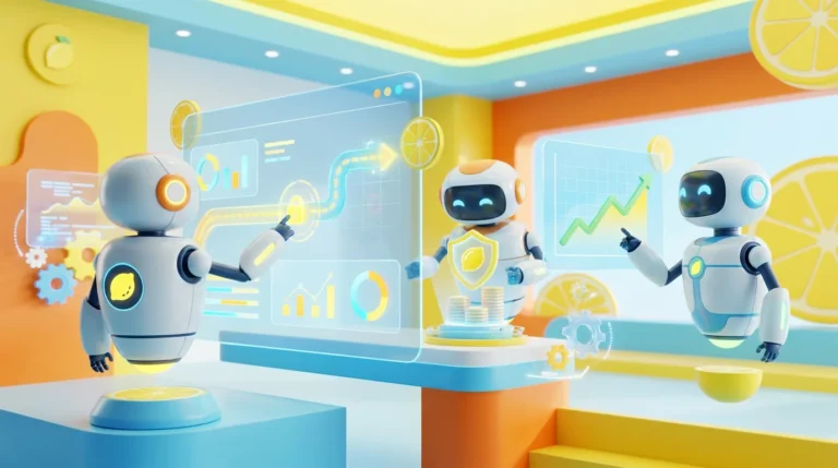 Three friendly AI robots collaborate around financial analytics in a modern tech room, showing how finance SMEs adopt AI securely with compliance-focused safeguards and vibrant lemon-inspired accents.